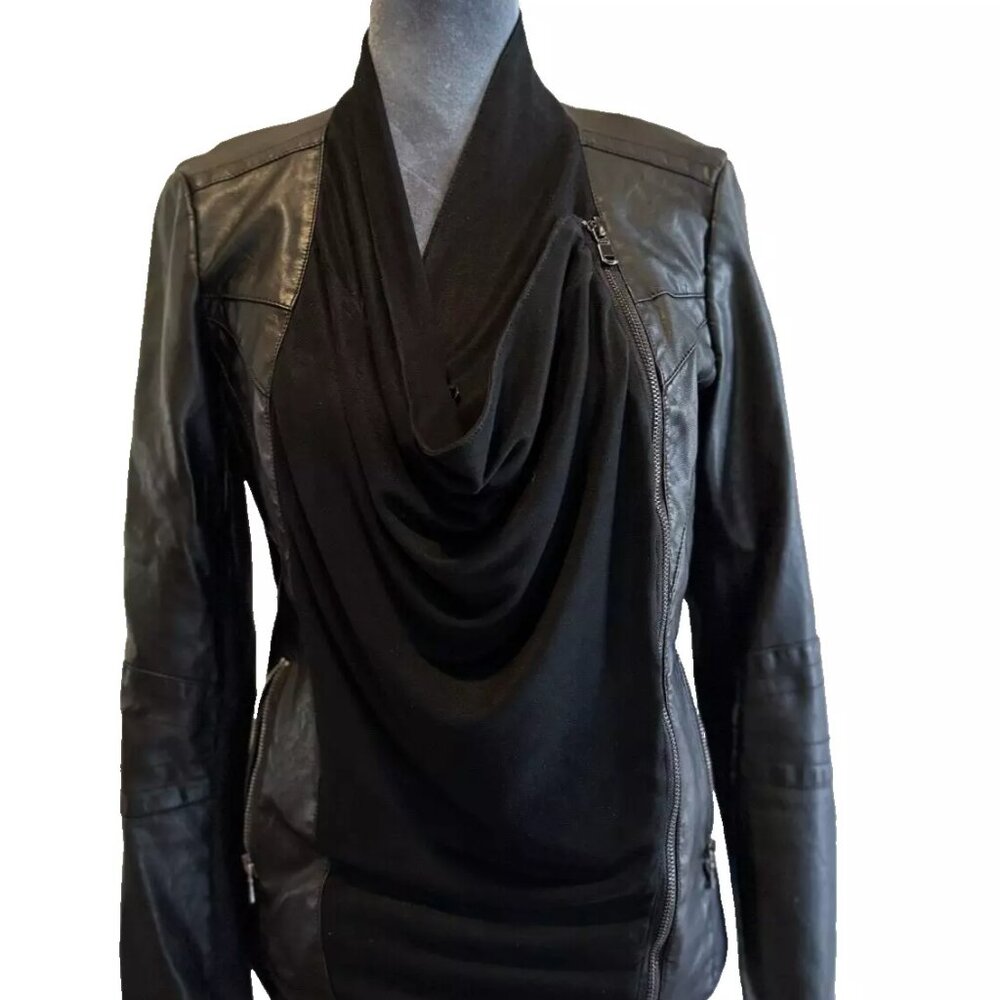 Gianni Bini Women's M Medium Black Jacket Zipper Faux Leather Motto Asymmetric